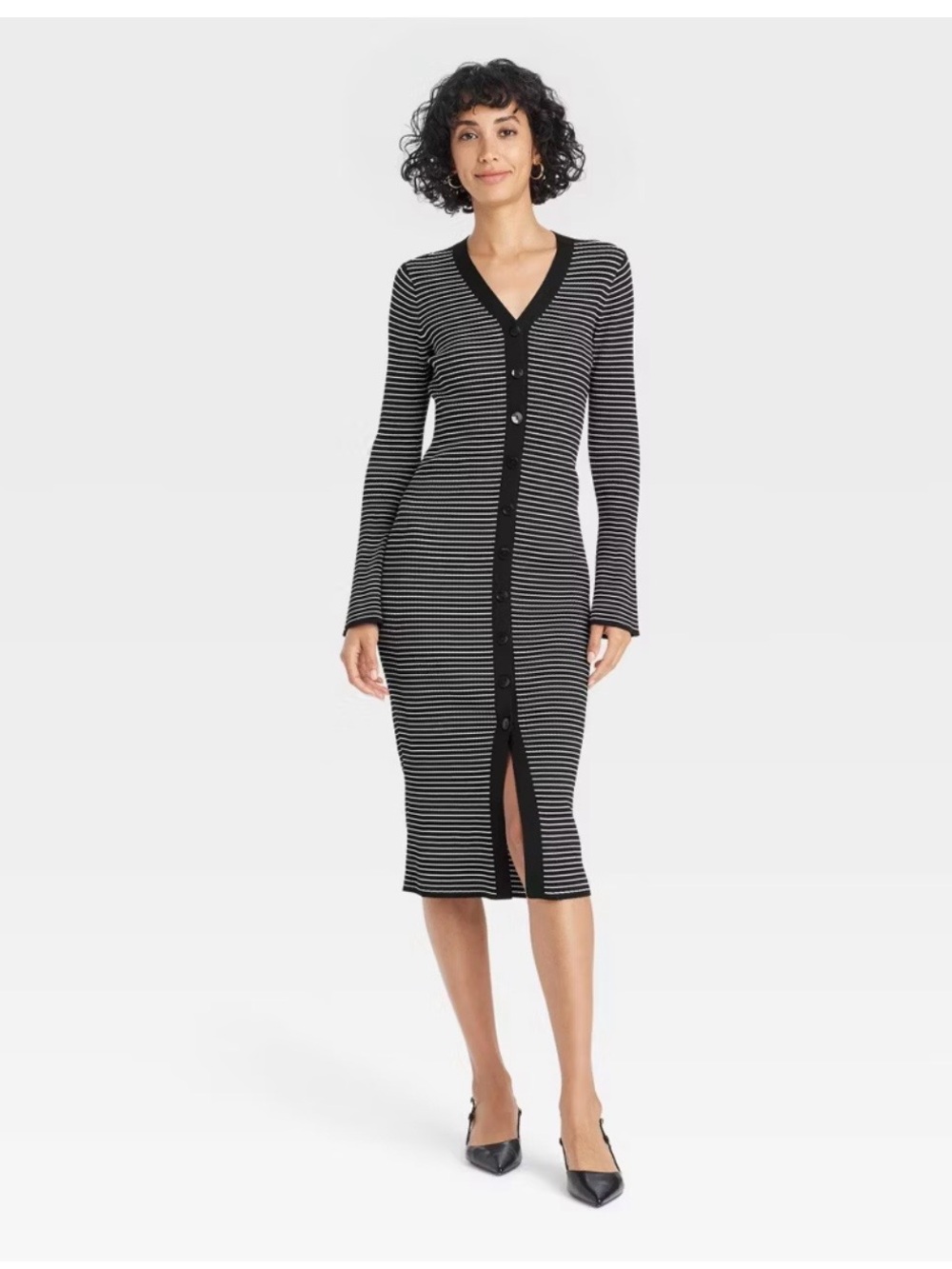 Striped Button-Front V-Neck Midi Dress in Black and White